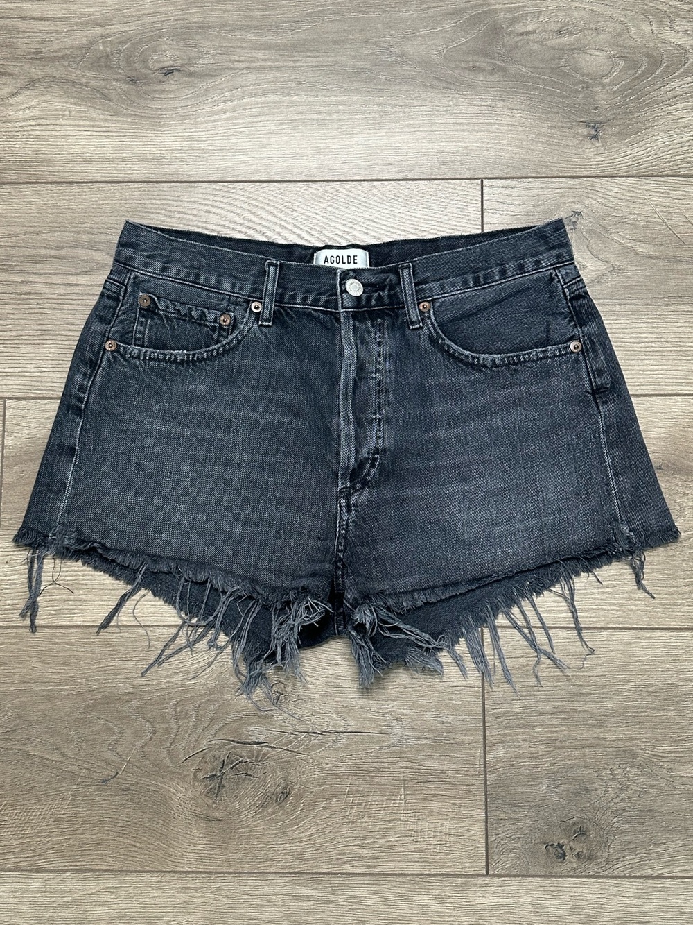 Agolde Parker High Rise Frayed Button Fly Jean Shorts Black Size 27